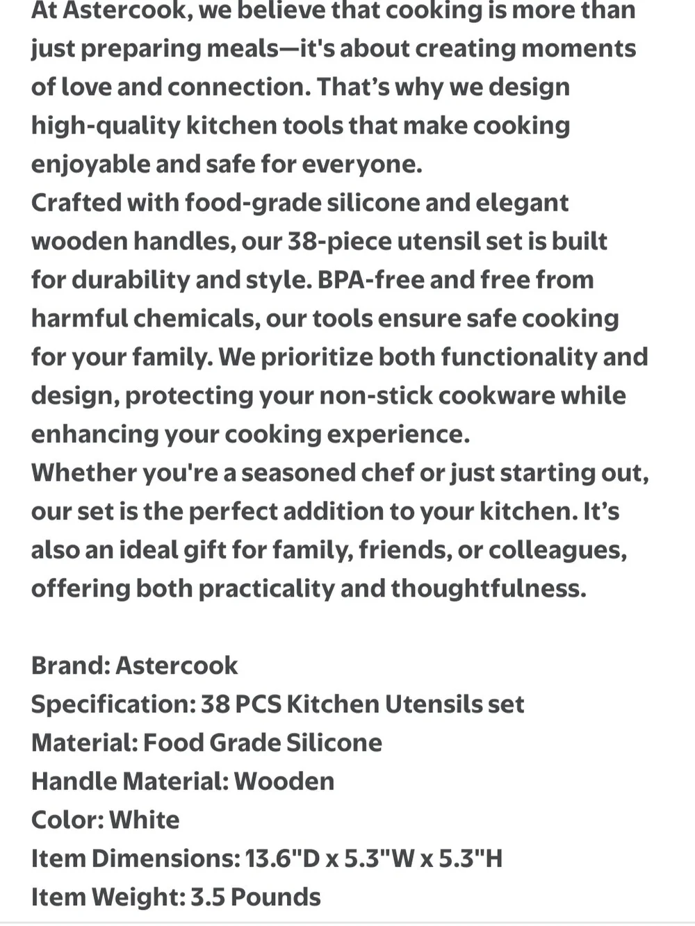 Astercook 38 Cream Kitchen Utensil Set with Wooden Handles